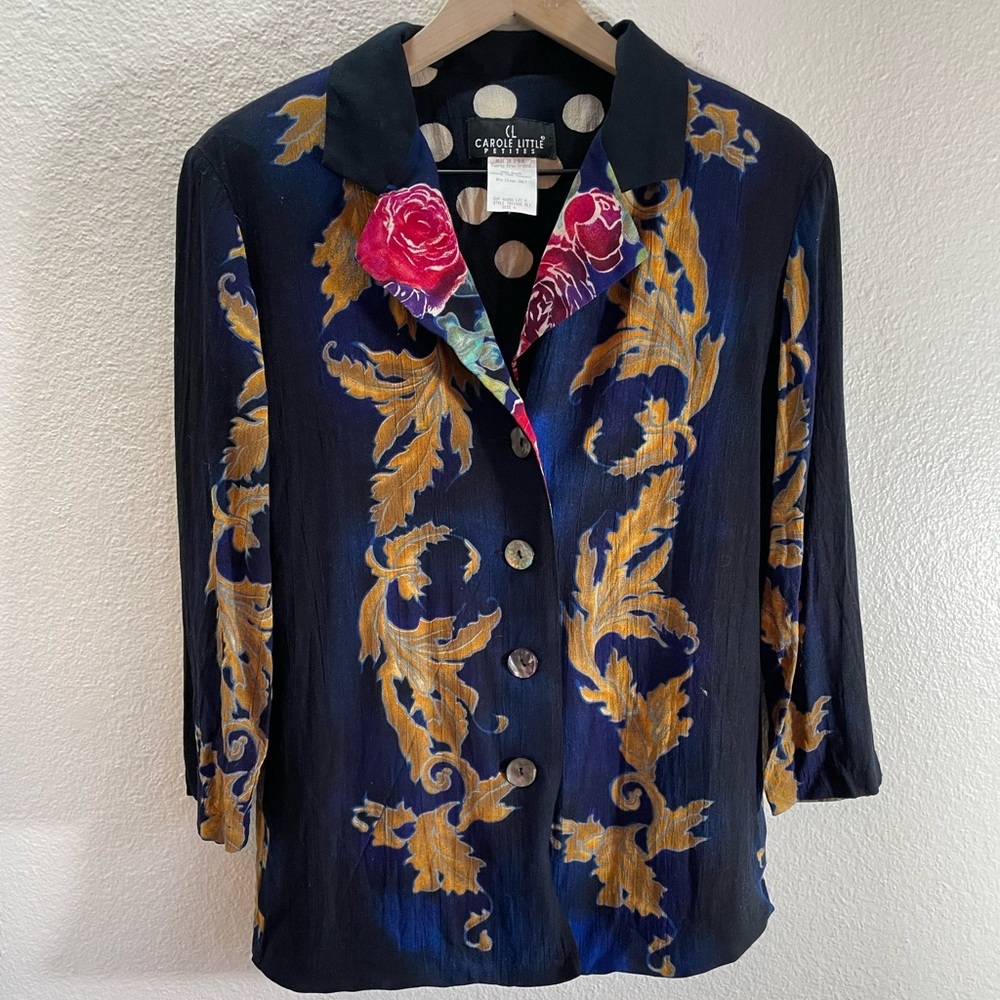 Carol Little Vtg Floral Watercolor Artsy Boho Blazer 3/4 Sleeve Size M